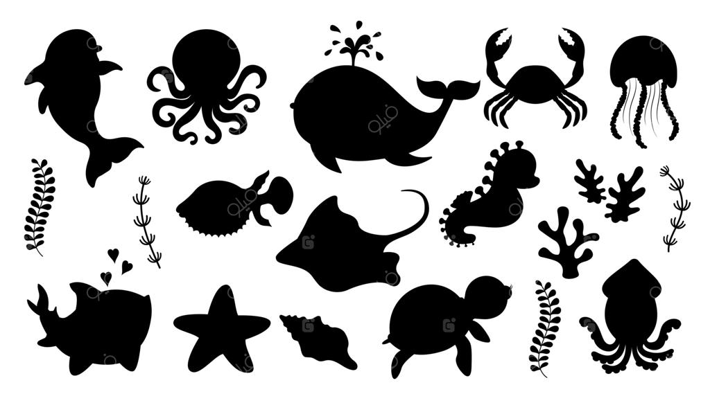 مجموعه‌ای از سیلوئت‌های سیاه حیوانات دریایی. عناصر طراحی زندگی‌ دریایی برای چاپ، پوستر و کارت‌پستال. پس‌زمینه‌های مجزا
