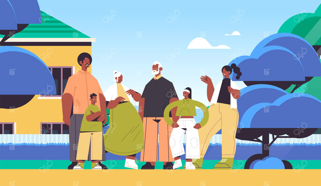 خانواده چند نسلی آفریقایی-آمریکایی: پدربزرگ‌ها، والدین و کودکان خوشحال ایستاده در پس‌زمینه‌ی افقی منظره