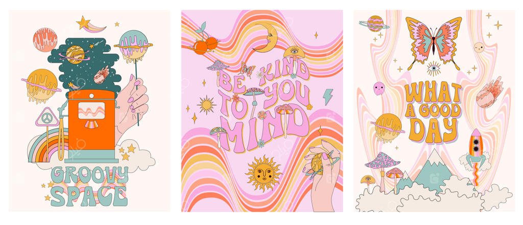 مجموعه کارت دعوت پوسترهای بامزه فضایی با عناصر هیپی و پاپ آرت دهه ۷۰