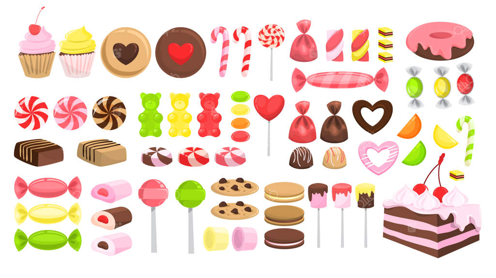 مجموعه آب‌نبات‌ها. کلکسیون دسرهای شیرین. آب‌نبات چوبی