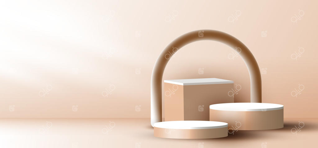 سیلندر و مکعب هندسی قهوه‌ای شیک و سه‌بعدی، روی پس‌زمینه لایه‌بندی شده و مدور با نورپردازی بر روی زمینه بژ