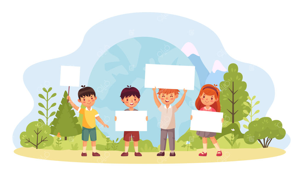 بچه‌ها با بنرهای نجات سیاره در جنگل سبز - تصویر کودکان با بنر محیط زیست، حفاظت و بازیافت