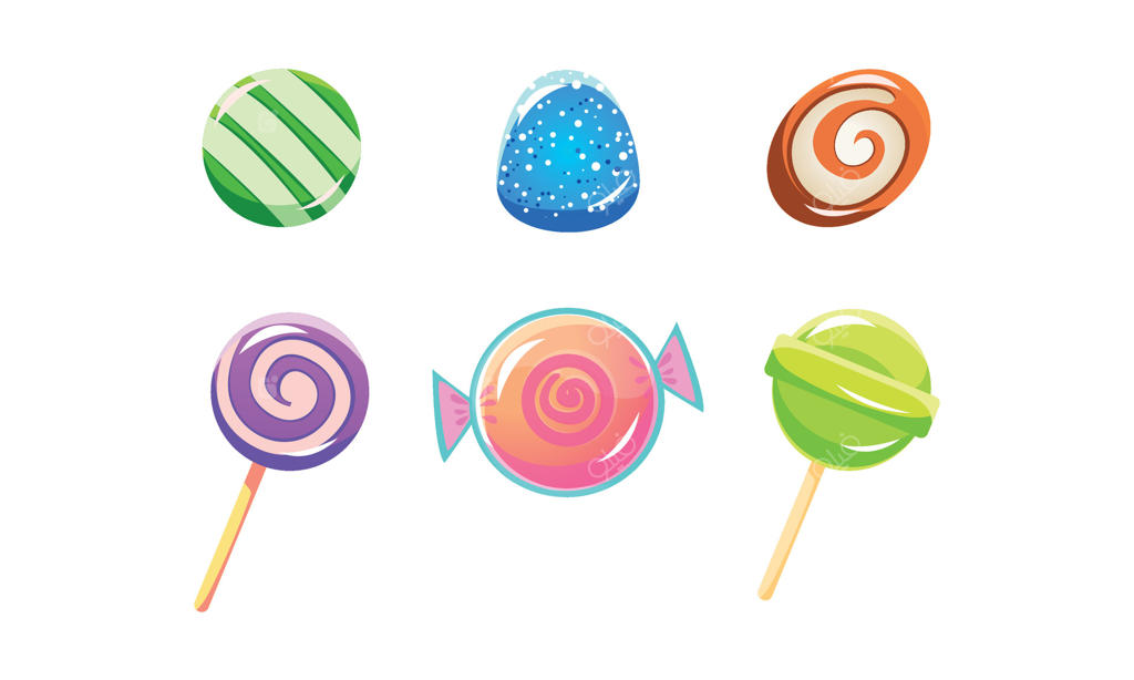 مجموعه‌ای از آبنبات‌های رنگارنگ و براق، شیرینی‌هایی با اشکال مختلف برای رابط کاربری اپ‌ها یا بازی‌های موبایلی - تصویرسازی