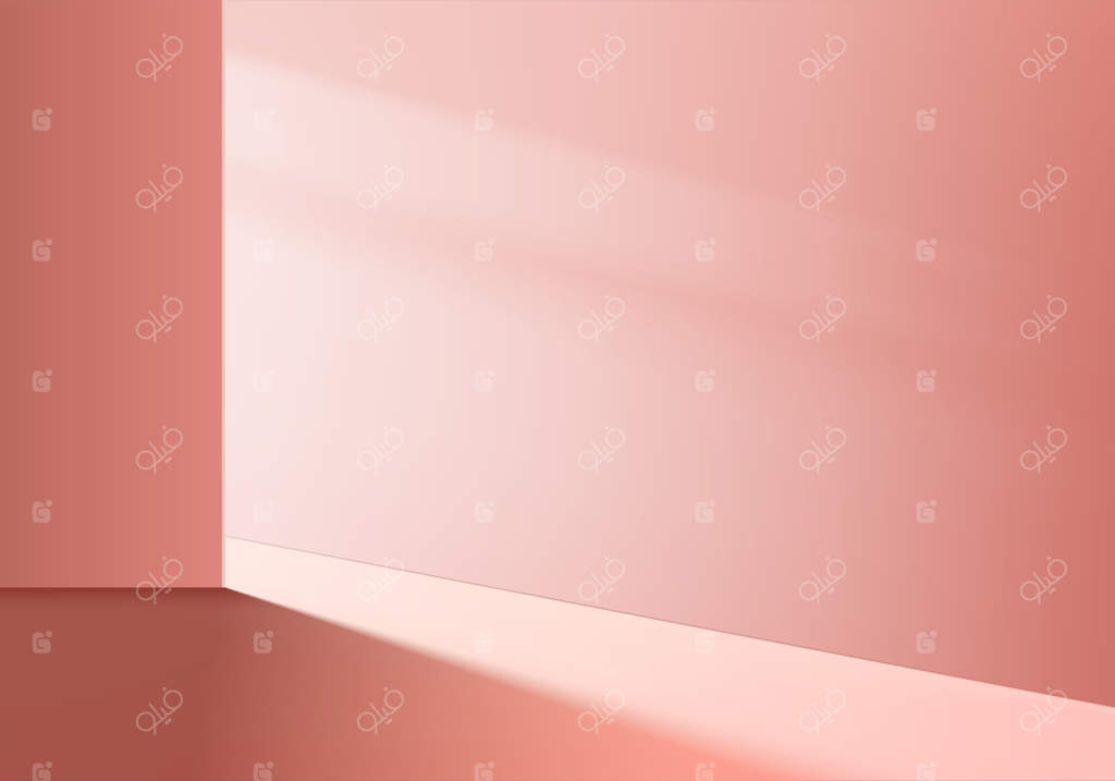 صحنه نمایش محصولات با پس‌زمینه سه‌بعدی و سکوهای هندسی. رندر سه‌بعدی با سکوی نمایش برای محصولات آرایشی. ویترین نمایش روی سکوی استودیو صورتی.