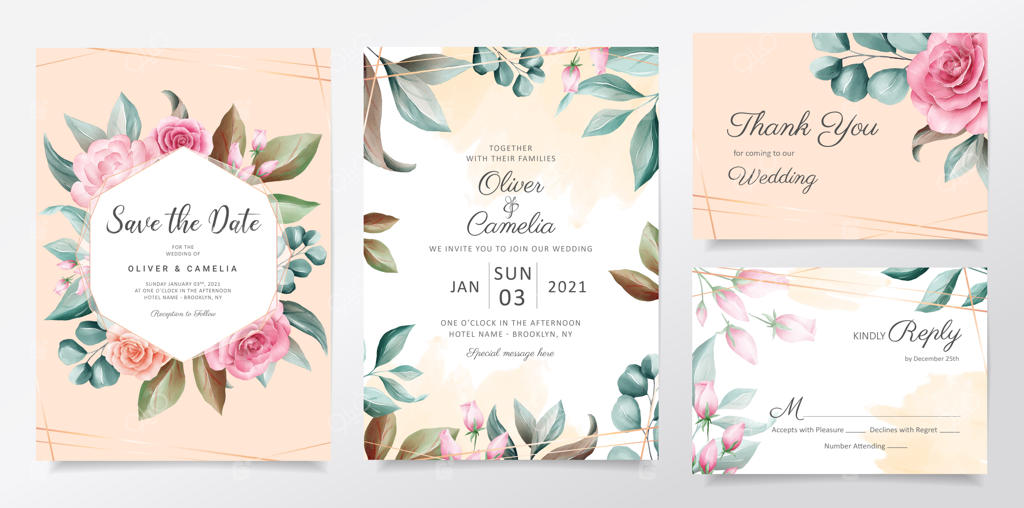 مجموعه قالب کارت دعوت عروسی گیاهان آبرنگی زیبا با تزئینات گل‌ها.