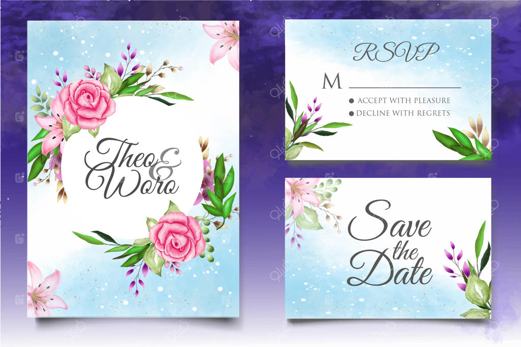 قالب کارت دعوت عروسی با طرح گل‌ها و برگ‌ها به سبک آبرنگی