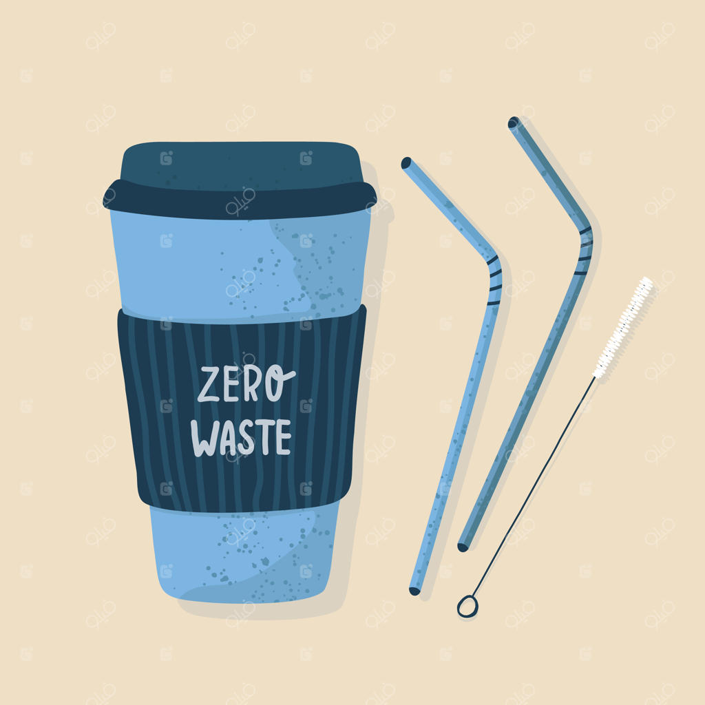 صفر ضایعات: لیوان حرارتی یا فنجان‌های قابل استفاده مجدد برای قهوه داغ یا چای بیرون‌بر با نی‌های فلزی و برس تمیزکننده. طرح دستی، طراحی ساده. تصویرسازی. روز جهانی محیط زیست