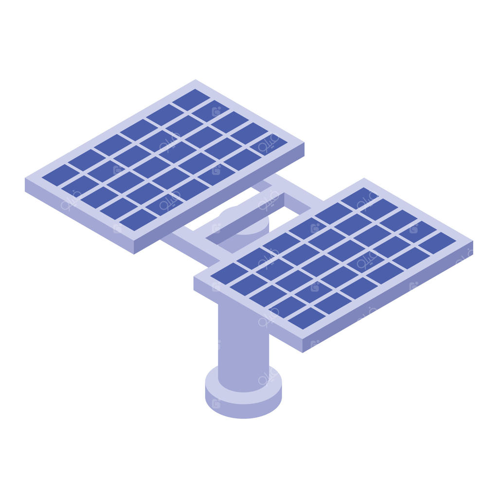 تصویر ایزومتریک پنل‌های خورشیدی، نمایش‌دهنده منابع انرژی تجدیدپذیر