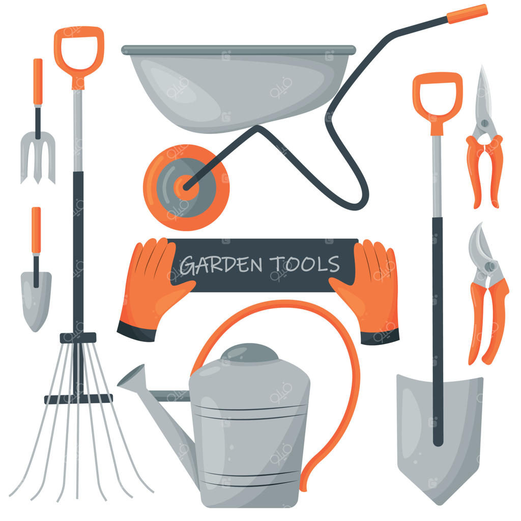 مجموعه ابزار باغبانی وکتور: چرخ دستی، بیل، قیچی هرس، آبپاش، شن کش، دستکش ها، بیل