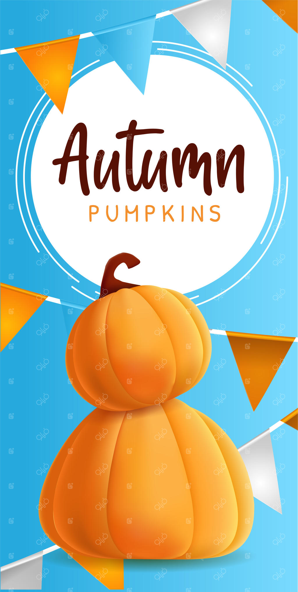 بنر آبی پاییزی با تصویر کدوهای واقعی و برگ‌های در حال پرواز