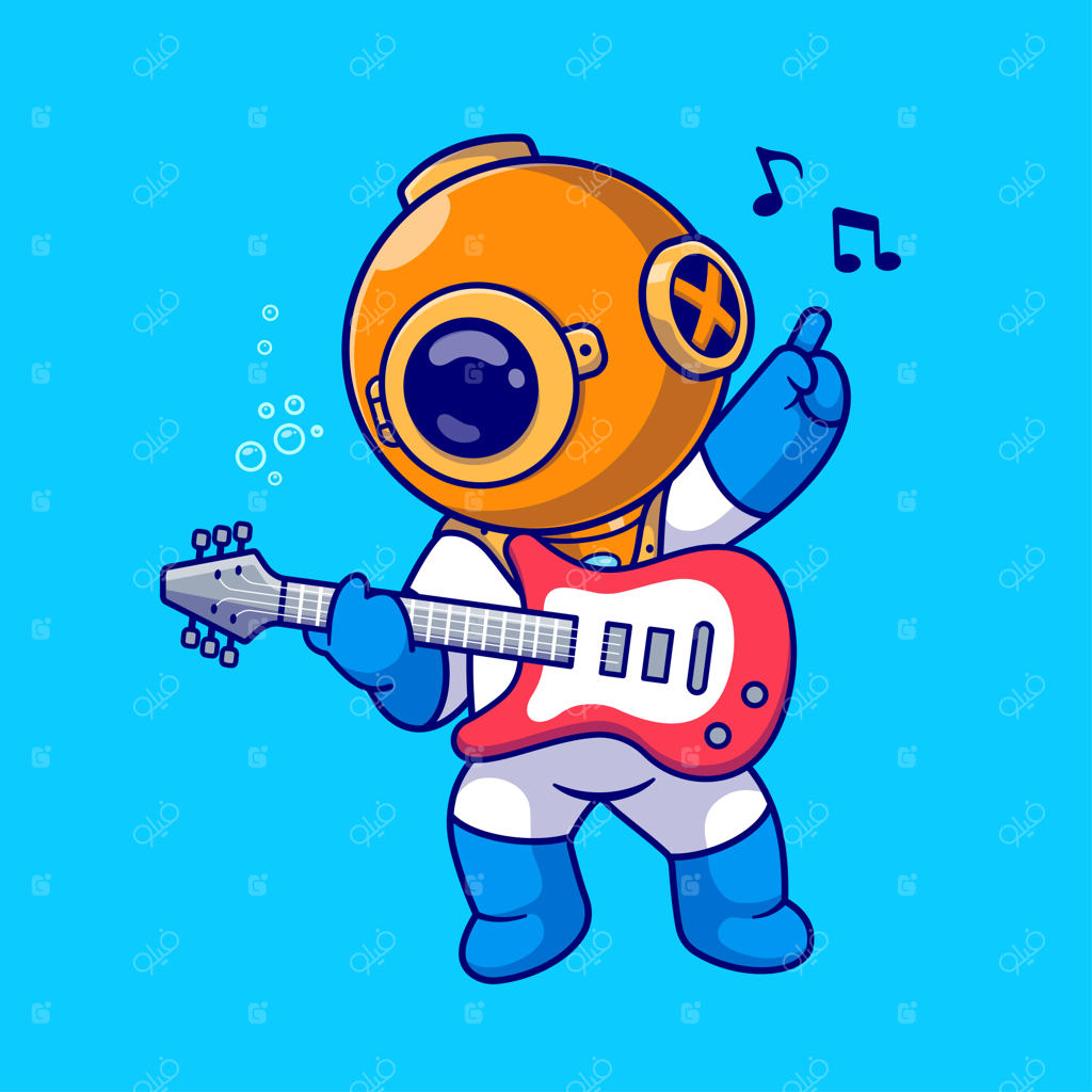 وکتور کارتونی غواص بامزه در حال نواختن گیتار الکتریک؛ تصویرسازی و آیکون موسیقی با طراحی تخت (فلت) و ایزوله