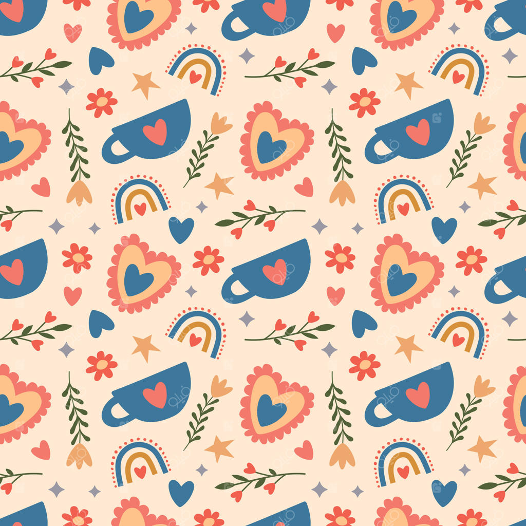 پترن یکپارچه برای روز ولنتاین: لیوان با قلب، قلب‌ها، گل‌ها و ستاره‌ها روی پس‌زمینه روشن. تصویر زیبا برای کاغذ کادو، کاور، کارت تبریک و پارچه