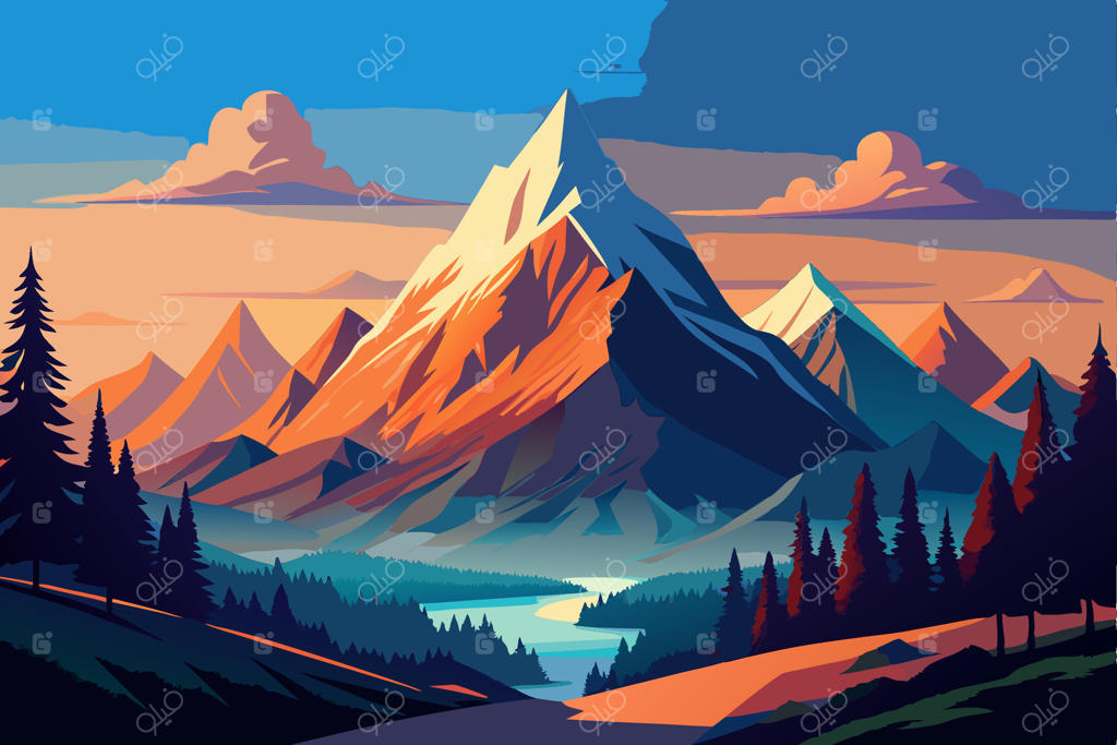 منظره‌ای کوهستانی با درختان و رودی روان