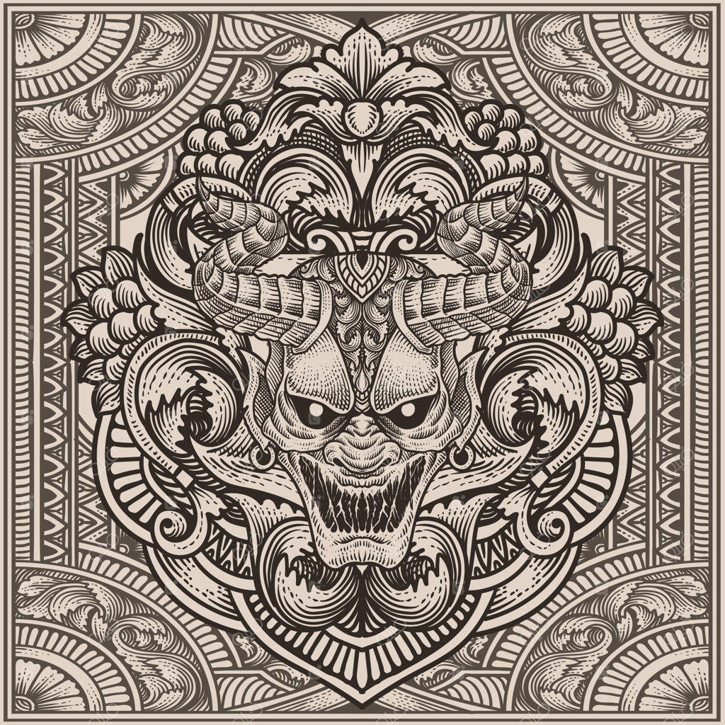 تصویرسازی وکتور ماسک ترسناک شیطان با سبک حکاکی وینتیج