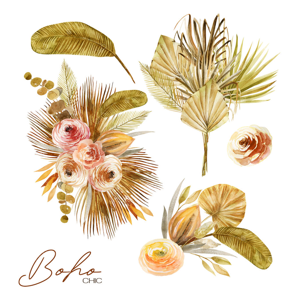 دسته گل‌های آبرنگی با برگ‌های خشک نخل، گل رز و گیاهان گرمسیری