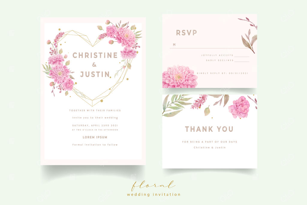 کارت دعوت عروسی با طرح گل‌های دالیای آبرنگی