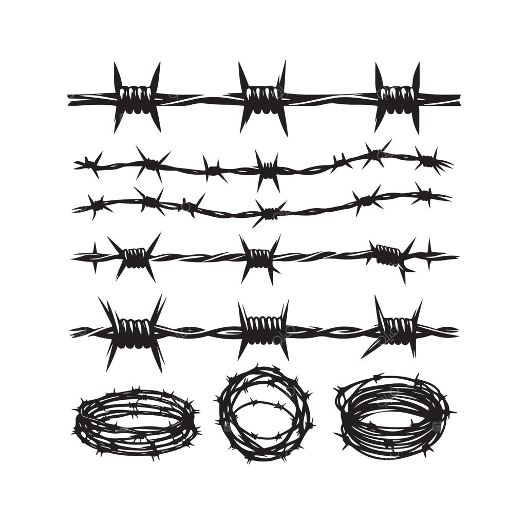 سیم خاردار در پس‌زمینه سفید. سیم تیغ‌دار با سبک هندسی و مینیمال. مجموعه حصار زندان خشن. مناسب برای طراحی وب.