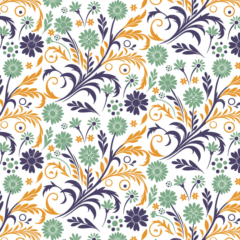 طرح گل‌دار با گل‌های باغی زینتی و شاخ و برگ ظریف برای چاپ یکپارچه پارچه و کاغذ دیواری