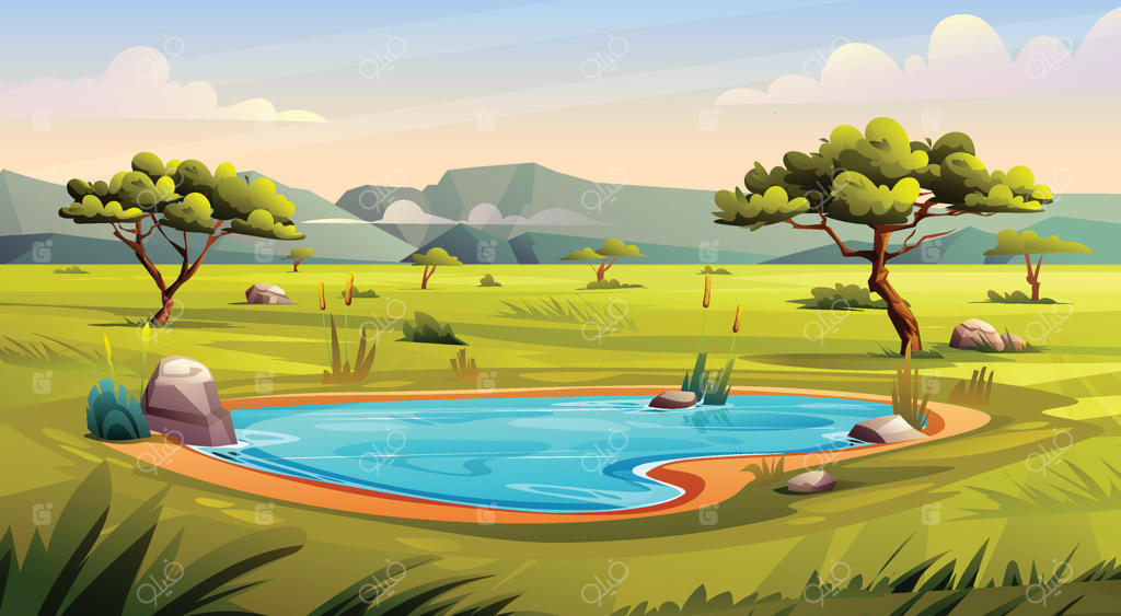 آبگیر ساوانا در میان صخره‌ها، درختان و علفزارها در یک منظره دل‌انگیز - تصویر کارتونی
