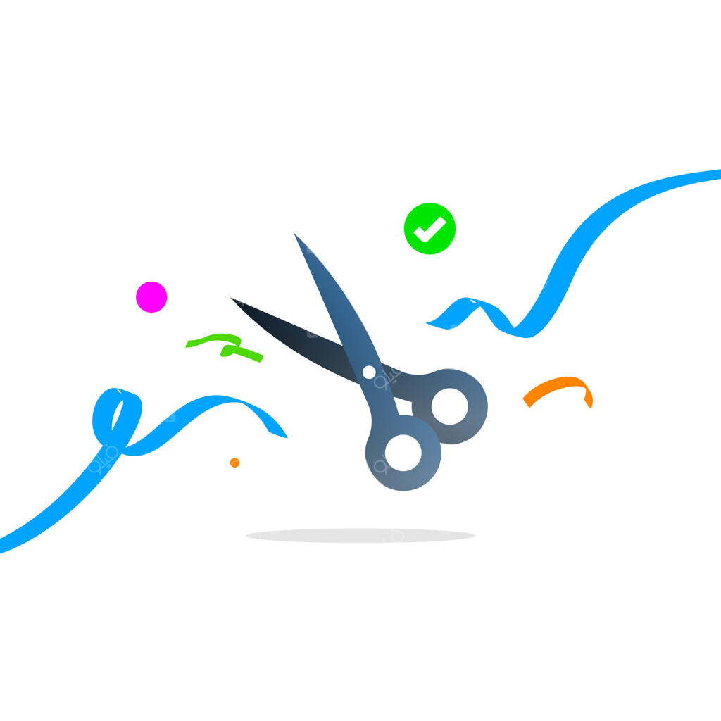 تصویرسازی برش روبان‌های رنگارنگ با قیچی؛ مناسب برای مراسم افتتاحیه، شروعی تازه، رونمایی محصول، جشن‌های تجاری و راه‌اندازی استارتاپ