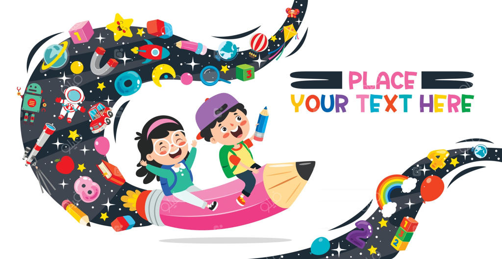 کودک بامزه در حال پرواز روی مداد رنگارنگ