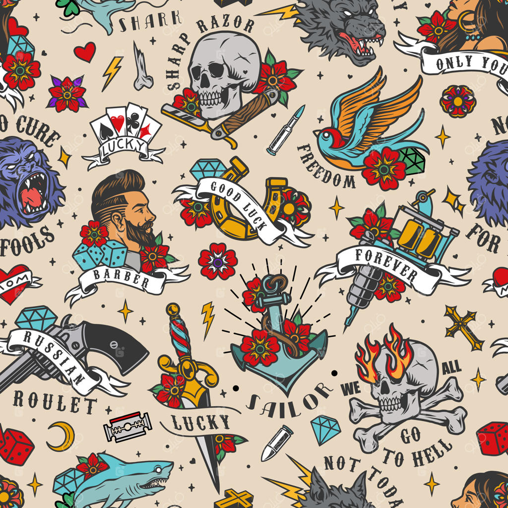 الگوی یکپارچه خالکوبی‌های رنگارنگ وینتیج