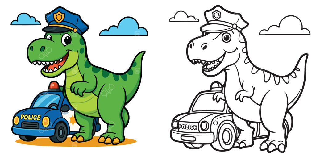 دایناسور پلیس بامزه با ماشین رنگی و طرح خطی مخصوص کودکان