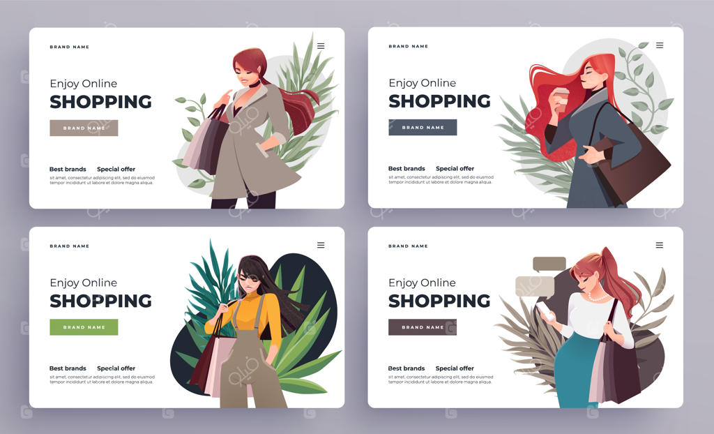 الگوهای صفحه فرود یا بنر خرید آنلاین برای دختران با بسته‌های خرید