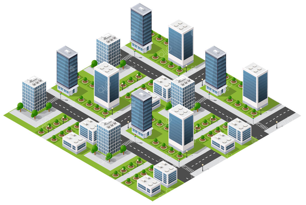 نمای ایزومتریک از بالای کلان‌شهر و زیرساخت‌های شهری مدرن؛ تصویرسازی سه‌بعدی از خیابان‌ها، سازه‌های واقعی و ساختمان‌های گوناگون