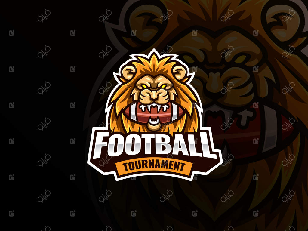 طراحی لوگوی ورزشی سر شیر. لوگوی وکتور فوتبال آمریکایی با شخصیت نمادین. شیر توپ را گاز می‌گیرد،