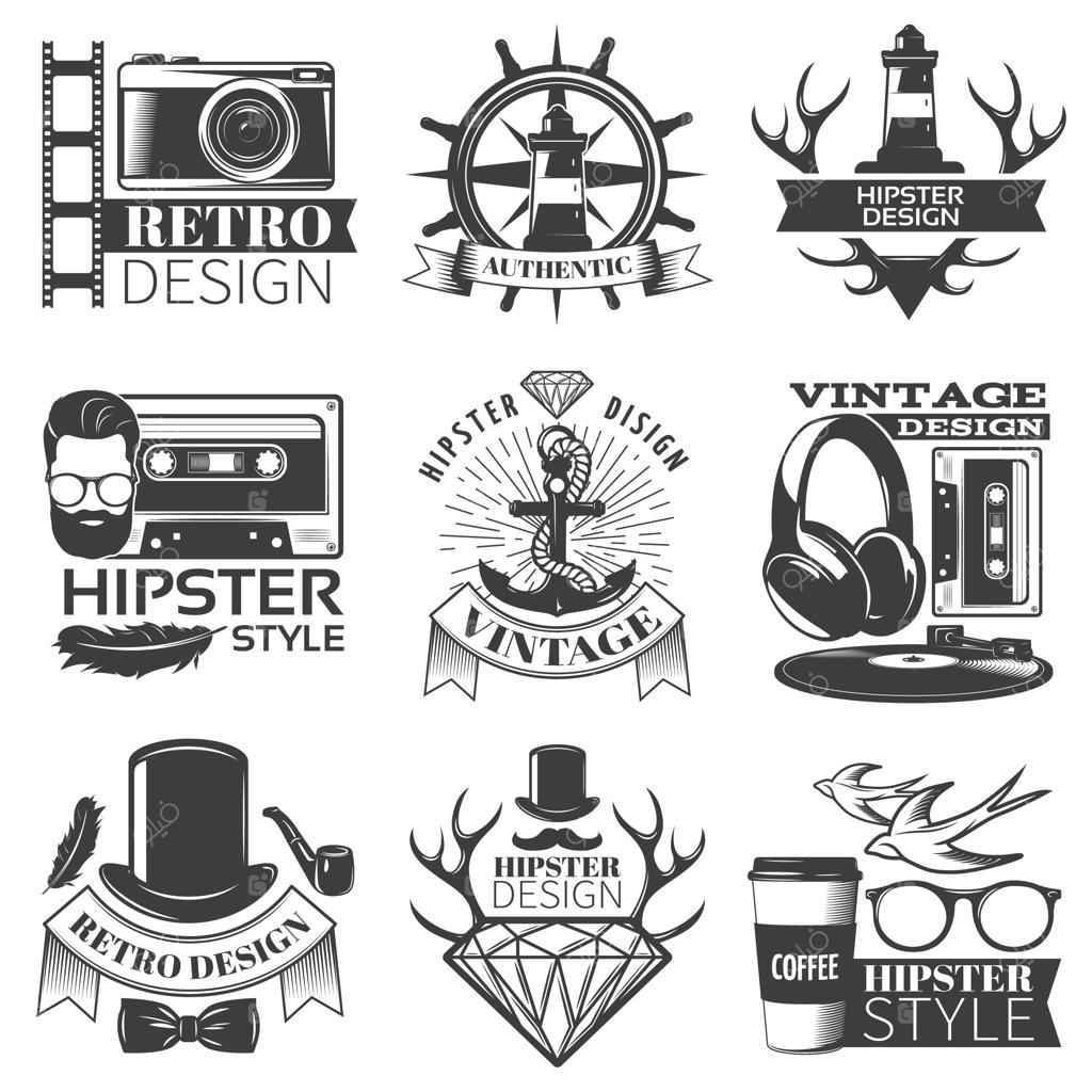 مجموعه‌ای از نمادهای سبک هیپستر در شکل‌های مختلف با روبان و بدون آن، همراه با توضیحات سبک هیپستر - تصویر وکتور