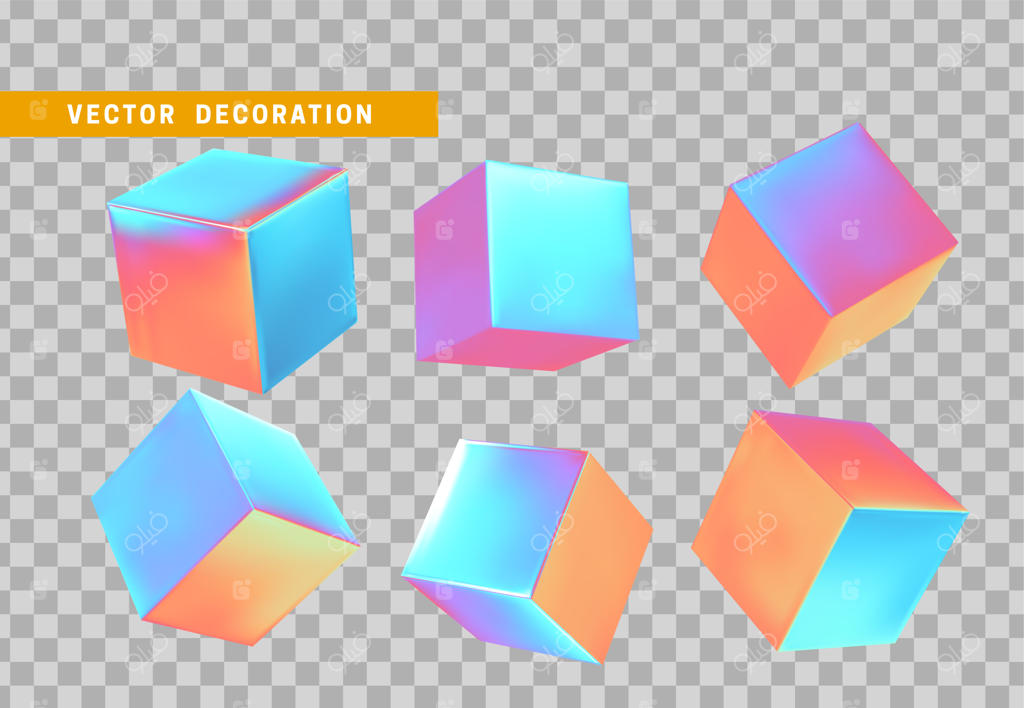 مجموعه‌ای از مکعب‌های سه‌بعدی با رنگ نئون هولوگرافیک روشن. طراحی واقع‌گرایانه اشیاء هندسی فلزی. تصویرسازی وکتور