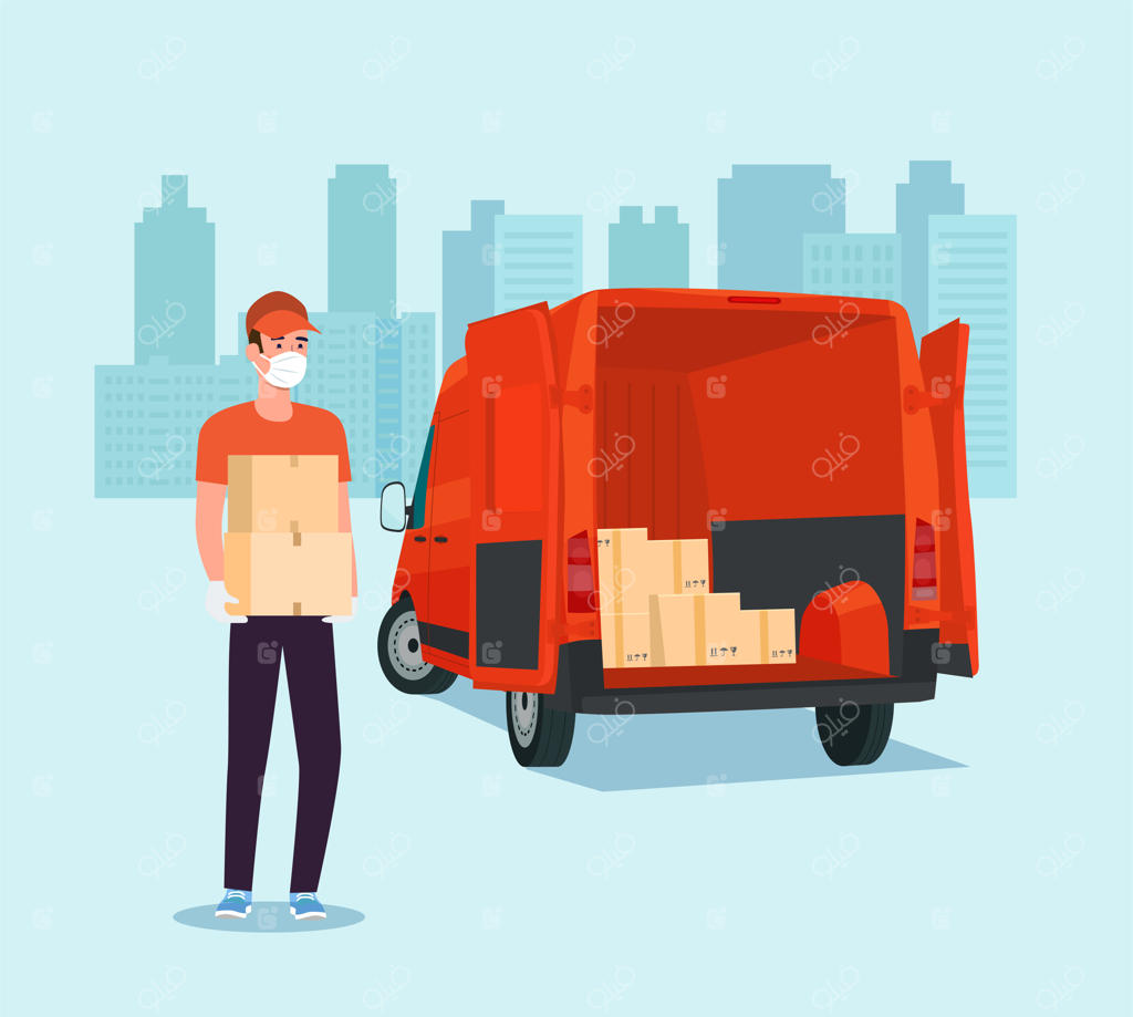 کارگری با ماسک پزشکی جعبه‌ها را در ون باری بارگیری می‌کند.