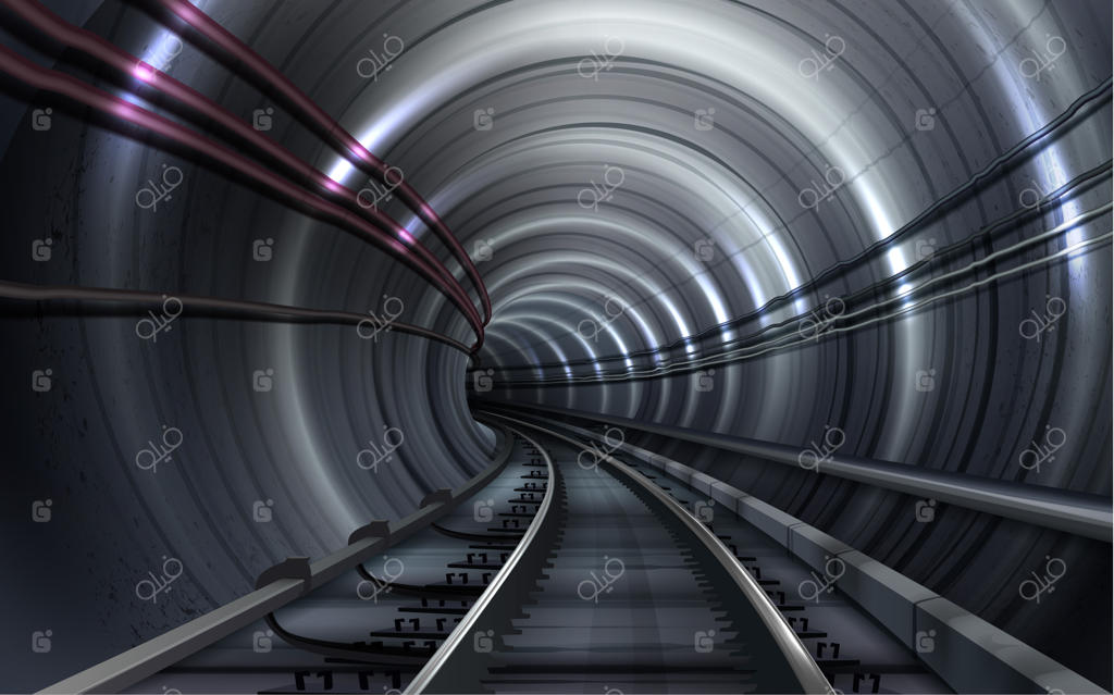 تصویری از تونل خالی مترو با ریل قطار و نورپردازی