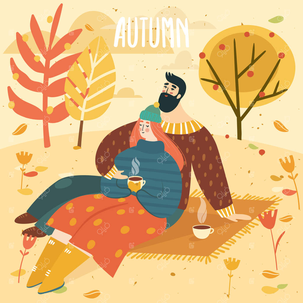 زن و مرد در پیک‌نیک پاییزی و نوشته پاییز. زوج خوشحال و دوست‌داشتنی در پس‌زمینه پاییزی با برگ‌ها و درختان. این تصویر مناسب کارت، پوستر یا بروشور شماست.