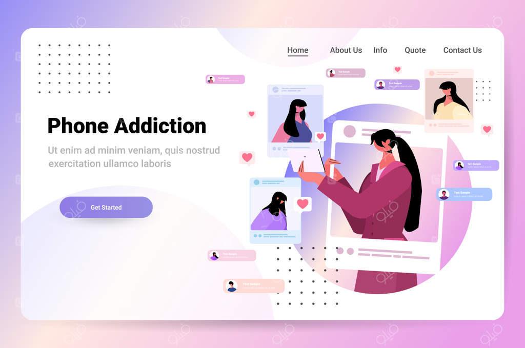 زنان در پنجره مرورگر: دختری که عکس می‌گیرد و در شبکه‌های اجتماعی ژست می‌گیرد - مفهوم اعتیاد به تلفن همراه همراه با فضای خالی برای متن - تصویرسازی وکتور افقی