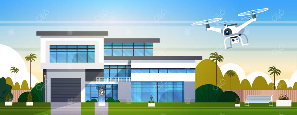 پرواز پهپاد مدرن بر فراز ساختمان با بسته، مفهوم فناوری حمل و نقل و تحویل هوایی