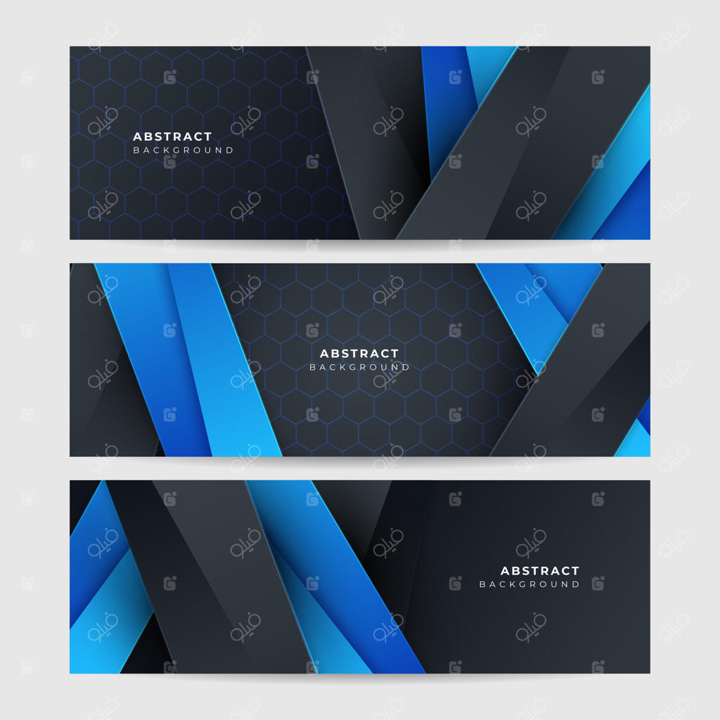 پس‌زمینه فناوری مدرن و لوکس با طراحی مشبک شش‌ضلعی و ترکیب رنگ‌های سیاه و آبی متالیک با تم خنثی و آینده‌نگر برای بازی‌های تکنولوژیک و بنرهای عریض وکتور