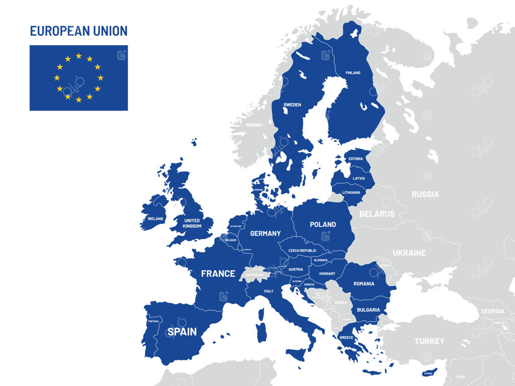 نقشه کشورهای اتحادیه اروپا: نام کشورهای عضو و نقشه مکان‌های سرزمین اروپا (بردار)