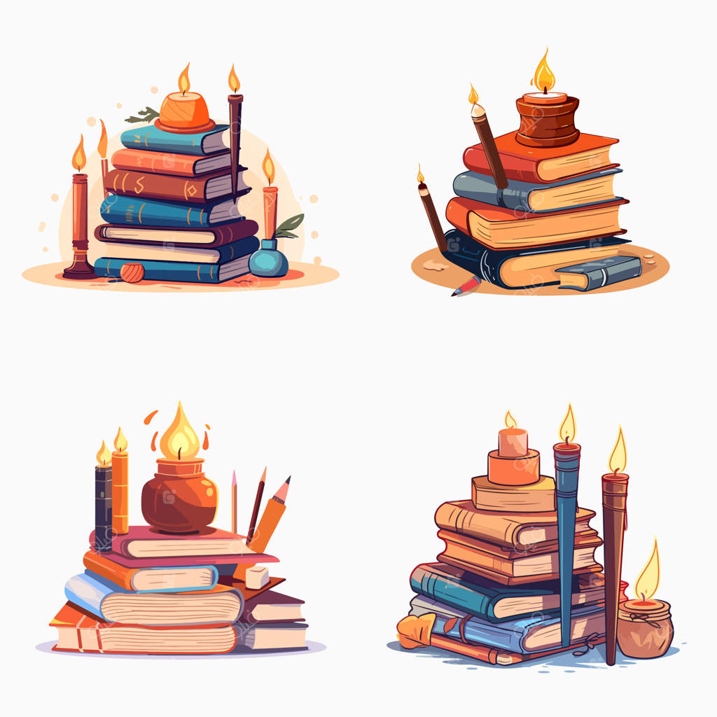 چهار سری کتاب با شمع‌هایی در میان، روی هم چیده شده‌اند