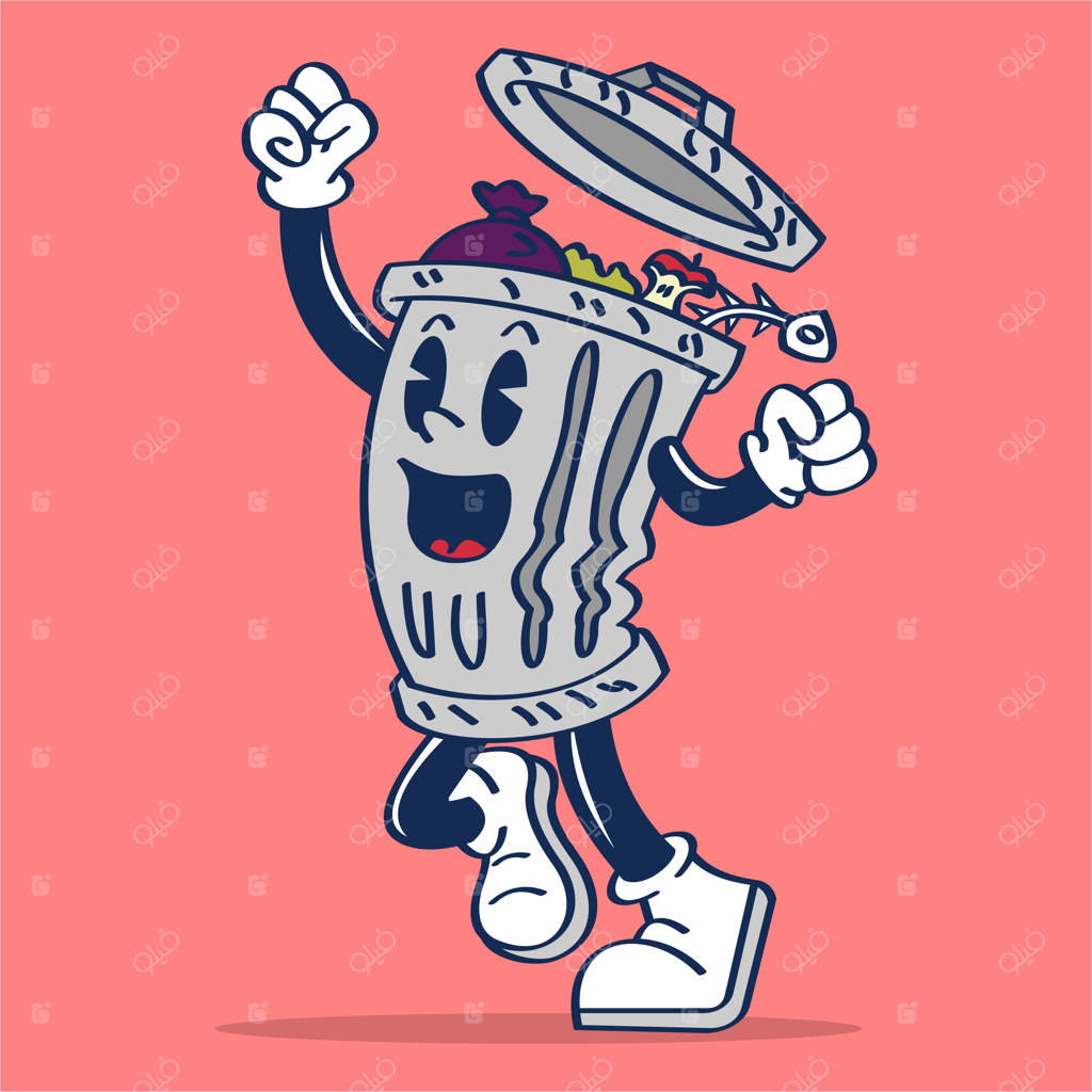 تصویرسازی دستی شخصیت سطل زباله کارتونی با چهره‌ای شاد و فریاد "هورا"!