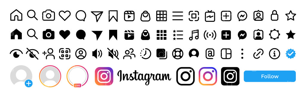 مجموعه آیکون‌ها، لوگوها و دکمه‌های اینستاگرام شامل لایک، کامنت و ذخیره