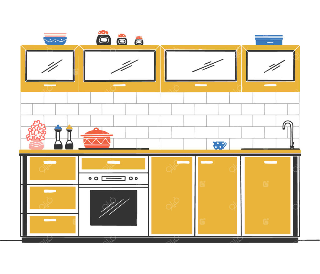 مبلمان آشپزخانه با طراحی دستی. تصویرسازی به سبک طراحی آزاد