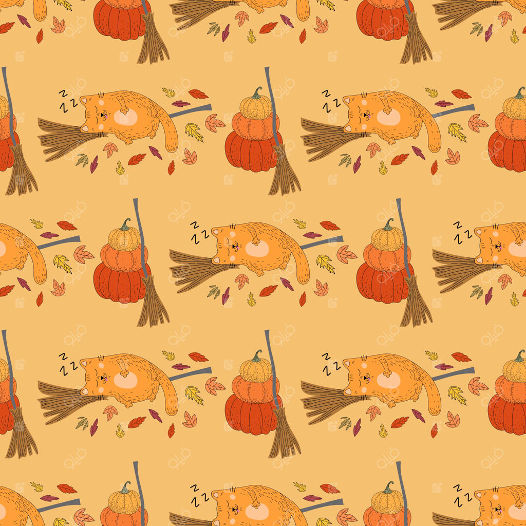 پترن یکپارچه با گربه‌ها: طرحی با کدو تنبل‌ها، هالووین، گل‌ها، گربه، پاییز و برگ‌ها.