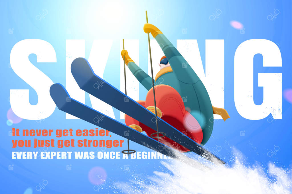 اسکی‌باز حرفه‌ای در حال پرواز در آسمان آبی براق با پودر برف پراکنده از زاویه پایین