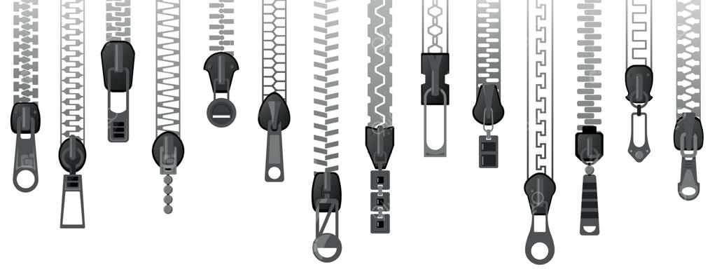 قفل زیپ: باز و بسته شدن بست پارچه‌ای با کشش، لوازم خیاطی و طراحی مد برای پوشاک. مجموعه‌ای جداگانه