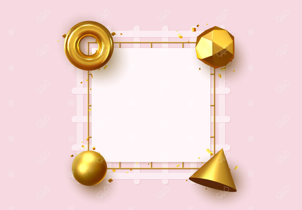 پس‌زمینه هندسی انتزاعی: اشکال سه‌بعدی، کره‌های طلایی، توروس و مخروط‌ها. طراحی هنری و مینیمال مدرن. نقاشی وکتور.