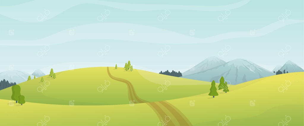 نمای پانورامای کارتونی از طبیعت یک روز تابستانی در کوه‌ها، دشت‌ها و تپه‌ها