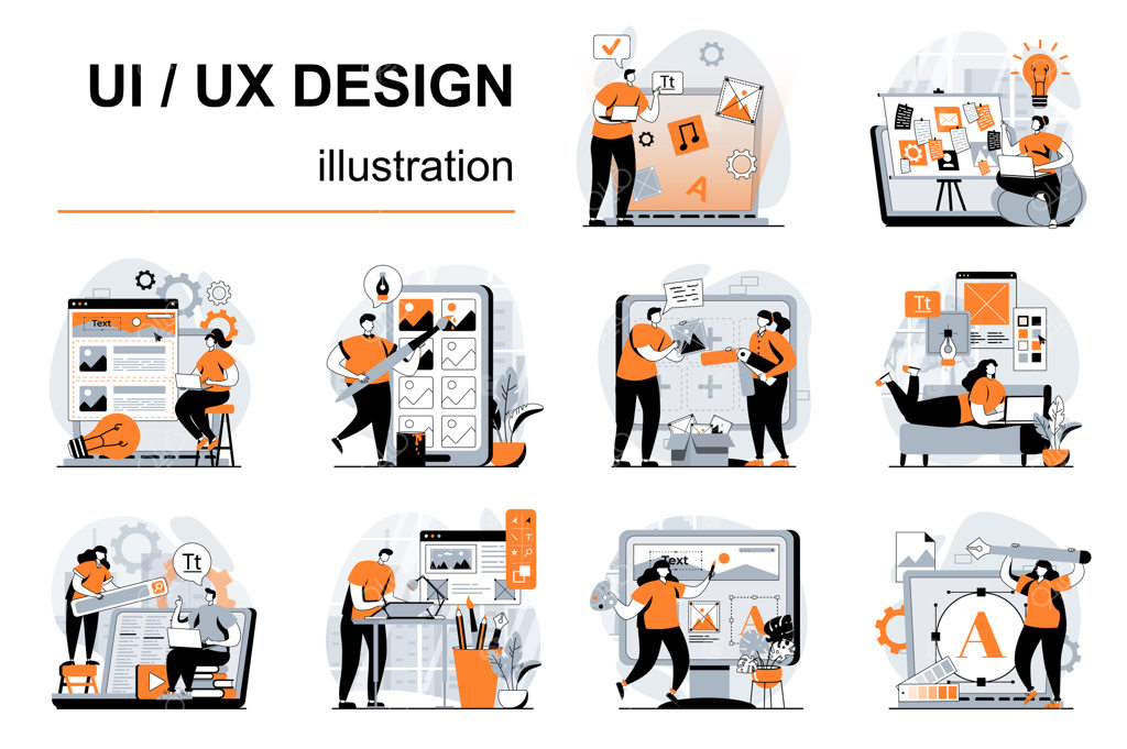 مفهوم طراحی UI/UX با صحنه‌هایی از افراد، تصویرسازی وکتور با طراحی تخت و داستان‌های بصری