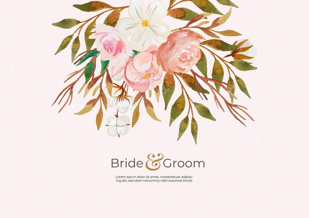 کارت دعوت عروسی با پس‌زمینه گل‌های آبرنگی مینیمالیست